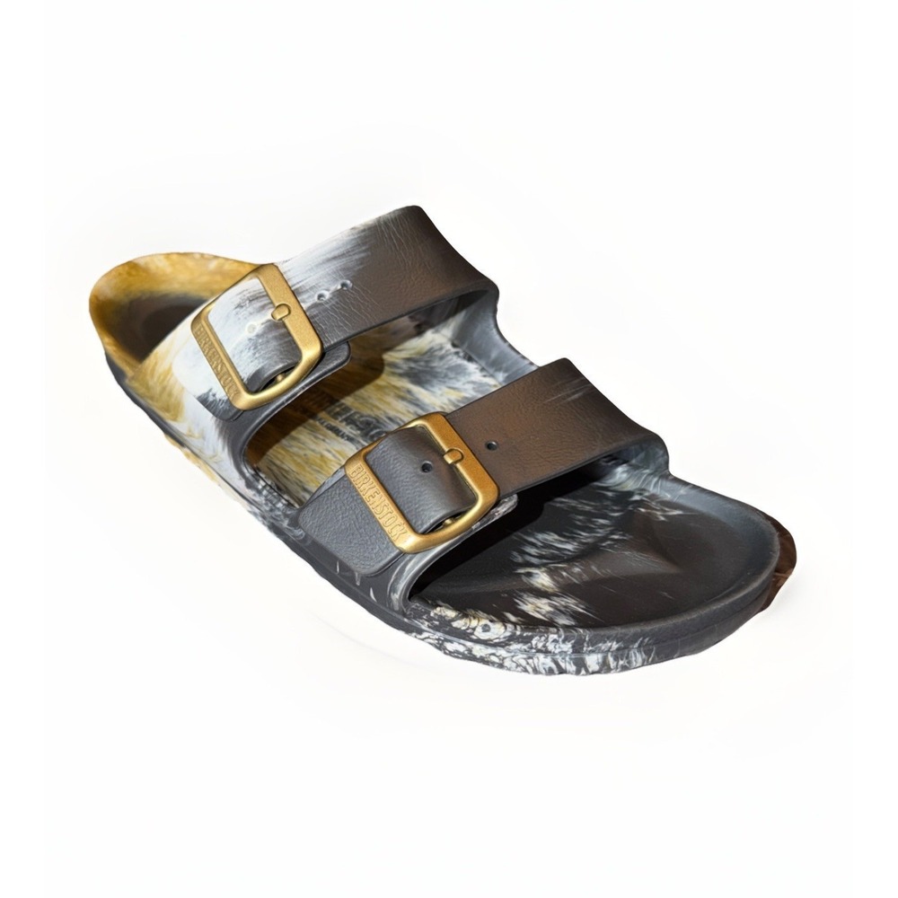 Birkenstock Two-Strap Slide Sandal in Black with Gold Buckles